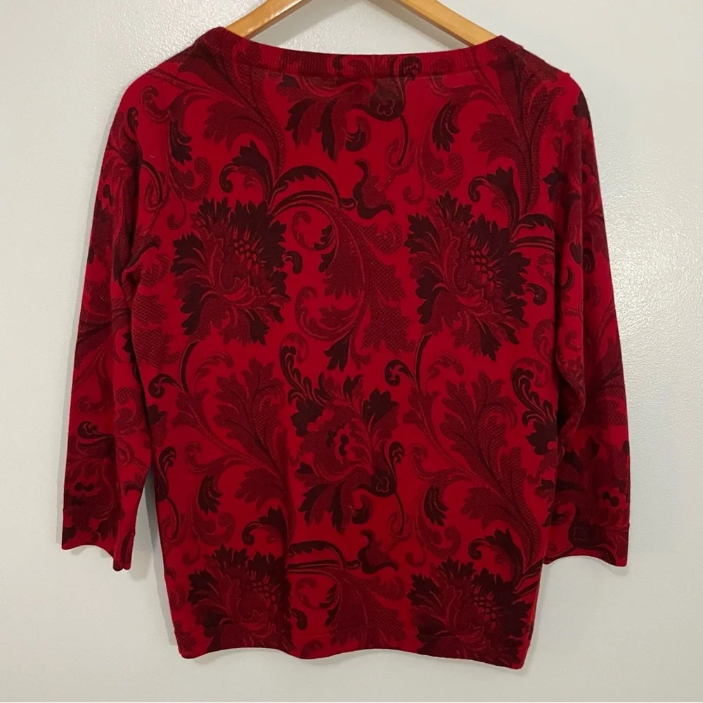 Talbots Red and Black Floral Merino Wool Sweater Size M